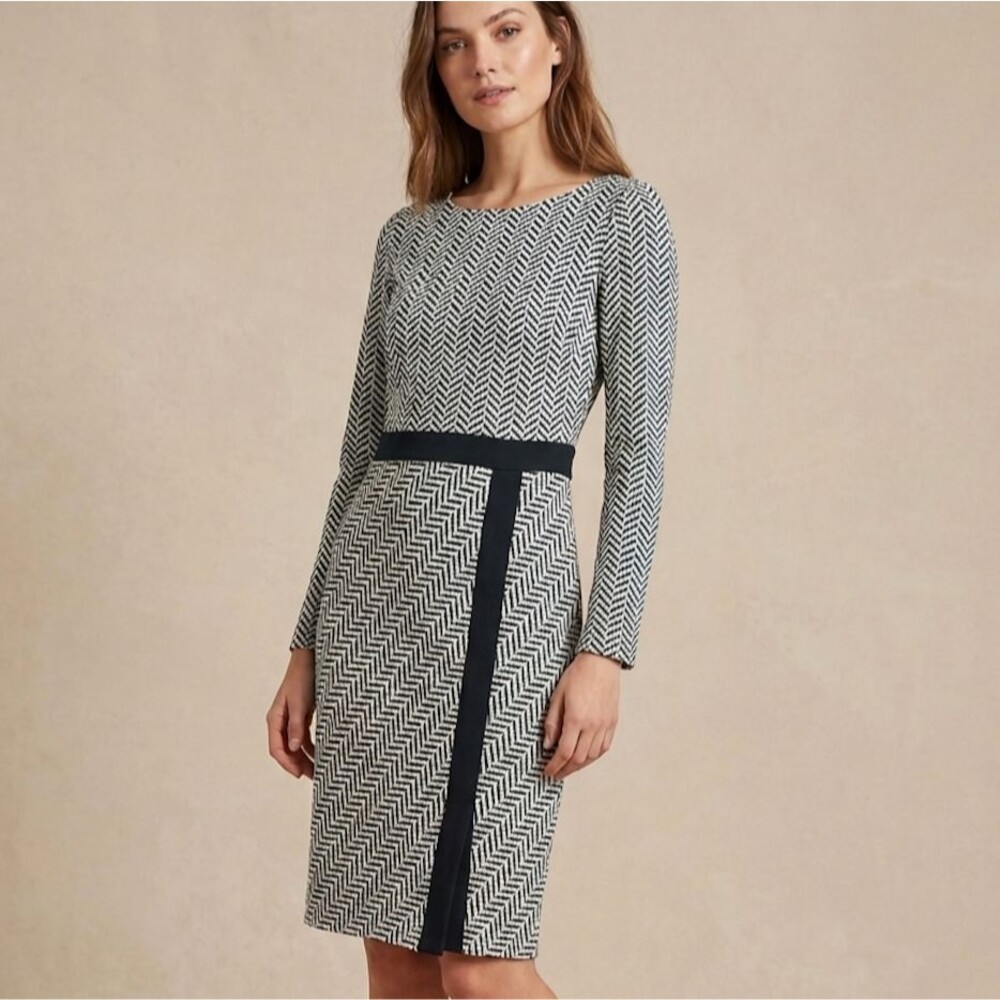 Roeyshouse Herringbone Midi Sheath Dress L Geometric Textured Knit Office Work
